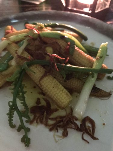 Jagung Bakar: Charred baby corn, sugar snaps, chilli butter