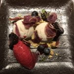 Dessert: Sweet potato ice-cream, with sweet potato chips, with blackberry sorbet